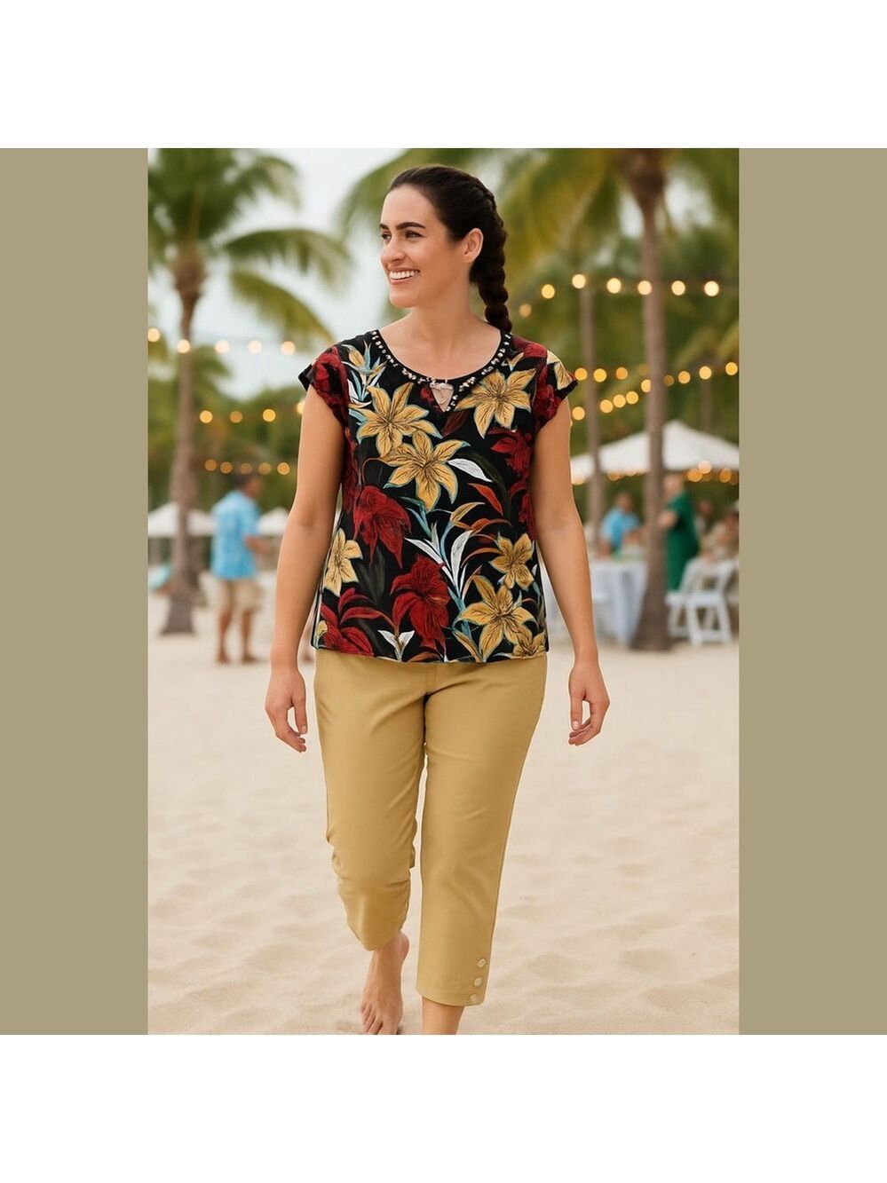 NWT 2PC LIZ CLAIBORNE FLORAL TROPICAL TOP & NWOT DEEP GOLDEN CROPPED PANTS SZ L